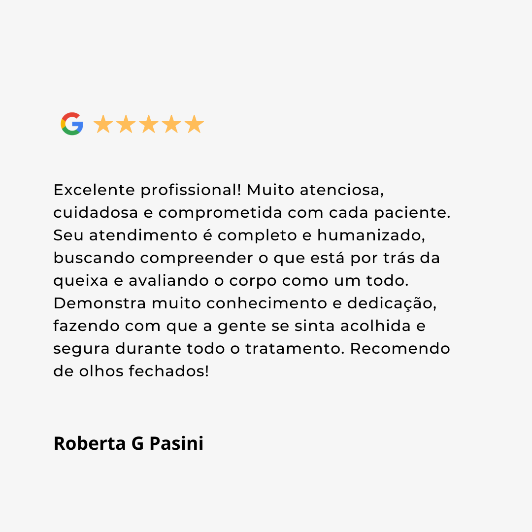 Excelente profissional! Muito atenciosa, cuidadosa e comprometida com cada paciente. Seu atendimento é completo e humanizado, buscando compreender o que está por trás da queixa e avaliando o corpo